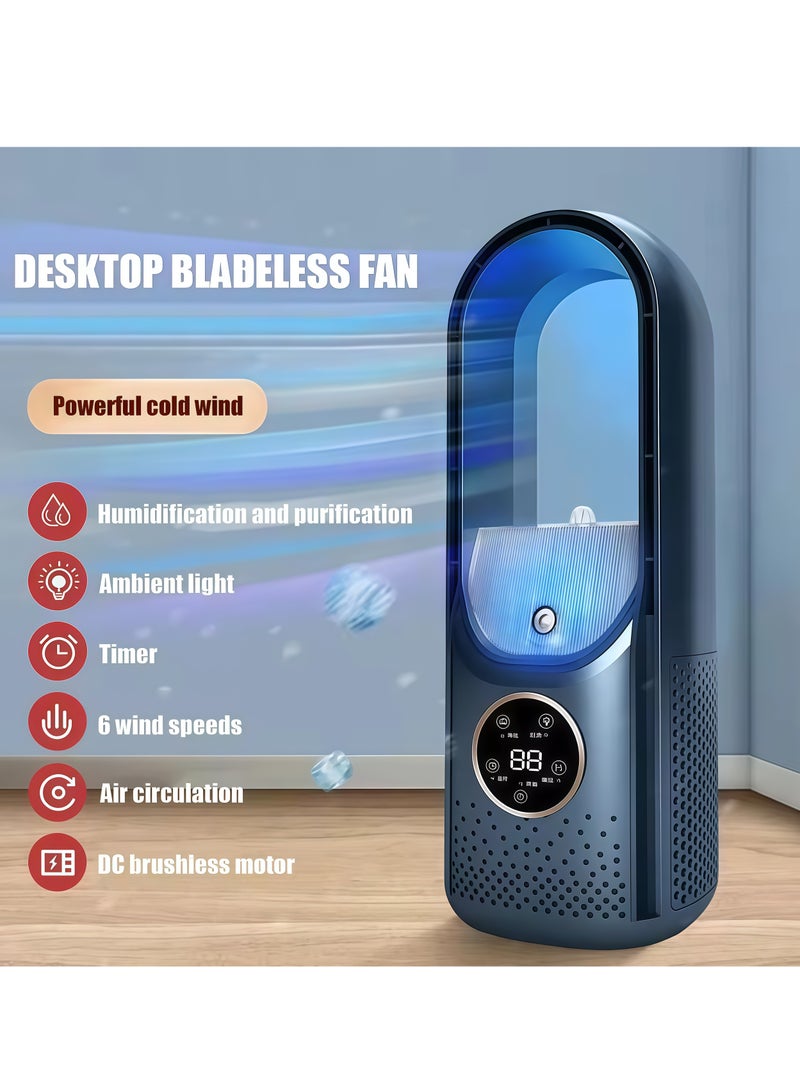 Bladeless Fan with Humidifier and RGB Lights, USB Powered Desk Fan, 6-Speed Quiet Personal Cooling Fan for Office Home Bedroom, No Blades Design Safer than Traditional Fans (Blue) - Image 1